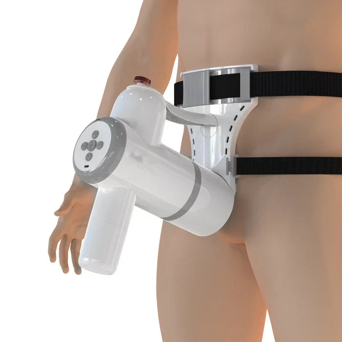 Sex toy with adjustable strap, mounted on the body for hands-free experience.