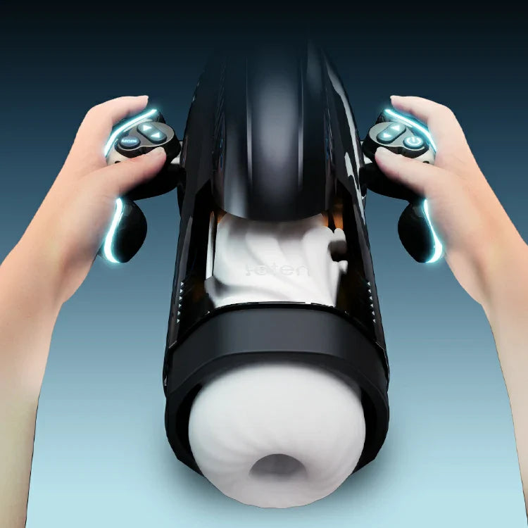 Leten Bermuda Storm male stroker in use with dual handles for easy control and adjustment during thrusting