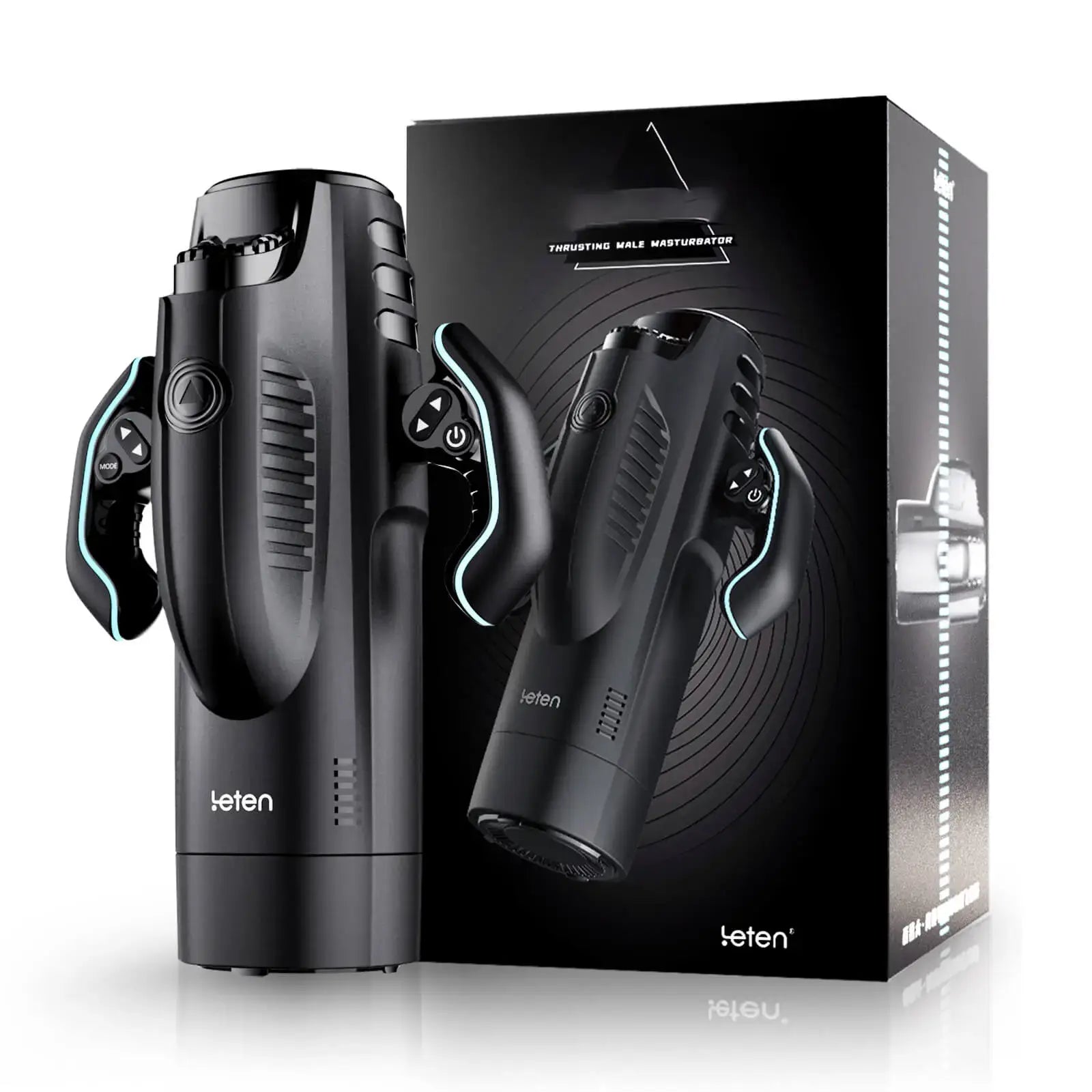 Leten Bermuda Storm male stroker with packaging and visible control panel for adjusting thrusting modes and speeds