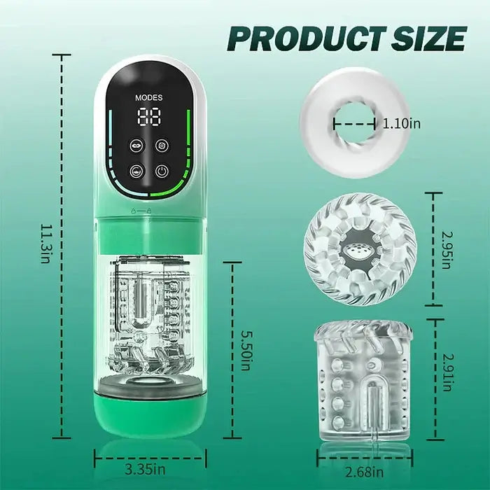 Product size diagram for waterproof blowjob machine for men, showing dimensions of the device and internal sleeve.