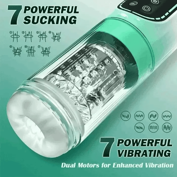 Waterproof blowjob machine with adjustable settings, including 7 suction modes and 7 vibrating modes for intense pleasure.