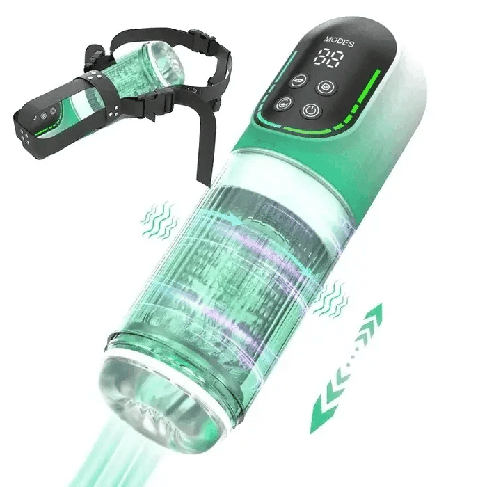 Wearable, hands-free waterproof blowjob machine with adjustable straps and powerful suction and vibration for maximum pleasure.