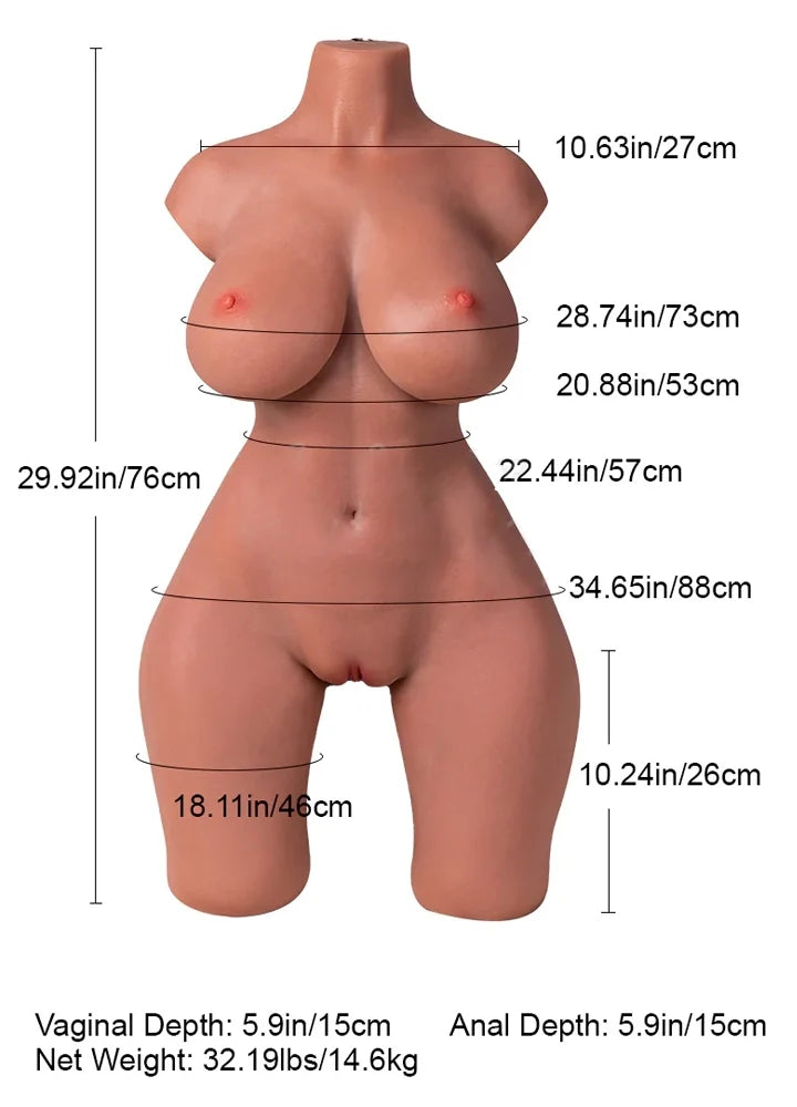 Selena: 32.19LB Brown Skin Gel Breasts & Booty Silicone Sex Torso with Poseable Skeleton