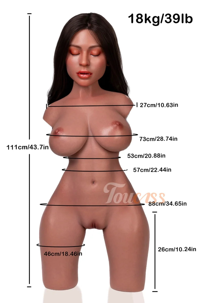 Adriana: 39LB Eyes-Closed Tan Skin Silicone Sex Torso with ROS Head, Movable Jaw & Gel Breasts
