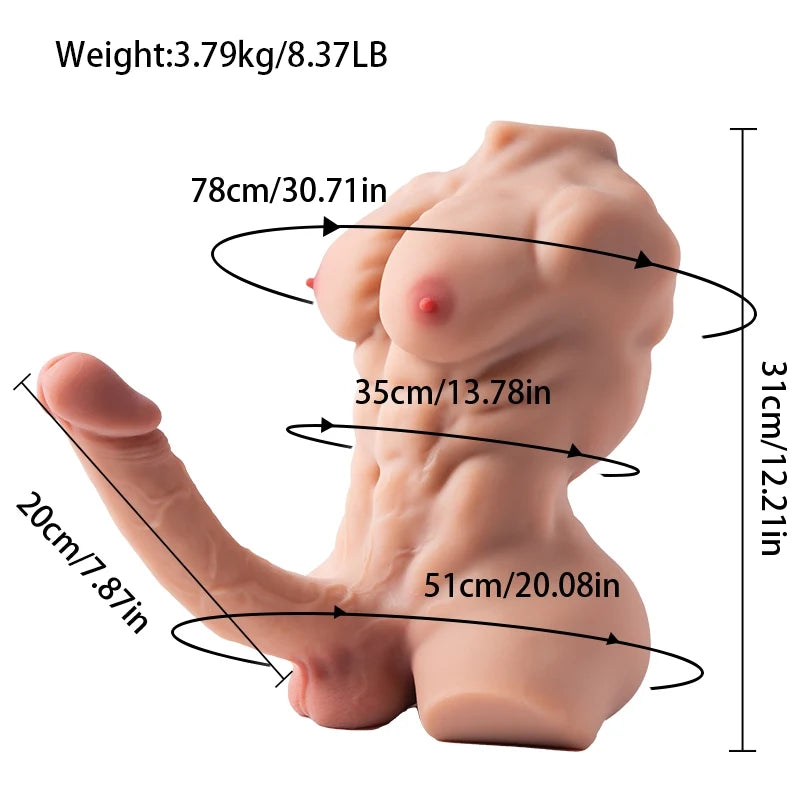 Kalel: 8.37LB Muscular Chest Male Torso with 8" Bendable Metal-Keel Dildo & Anal Channel