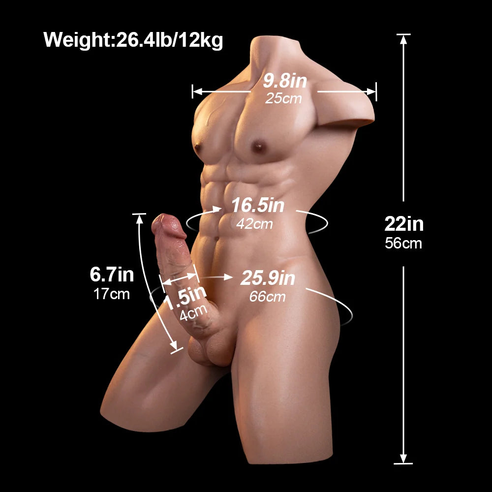 Lucas: 26.5LB Premium Silicone Muscular Male Sex Torso with 6.7" Flexible Dildo & Anal Channel